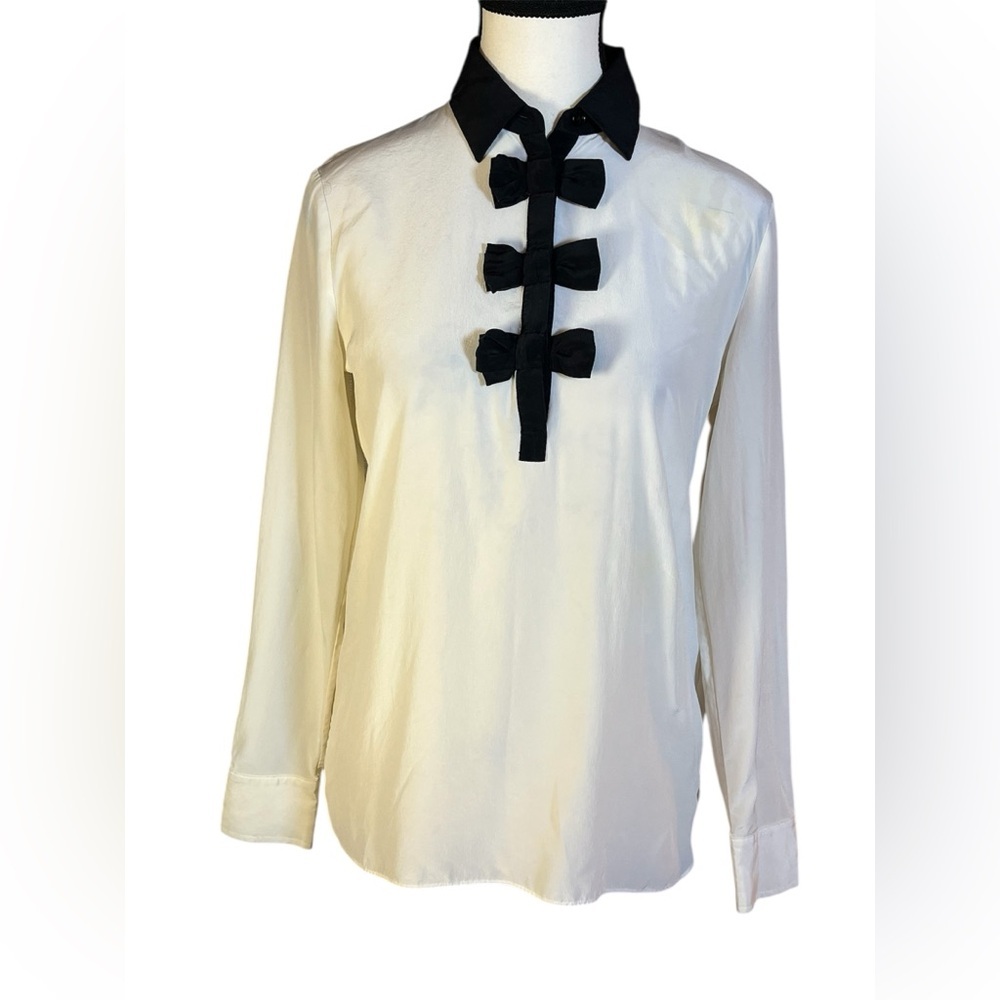 kate spade Cream and Black Bow-Embellished Silk Blouse